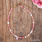 Natural Rhodonite & Pearl Beaded Anklet With Heart Crystal