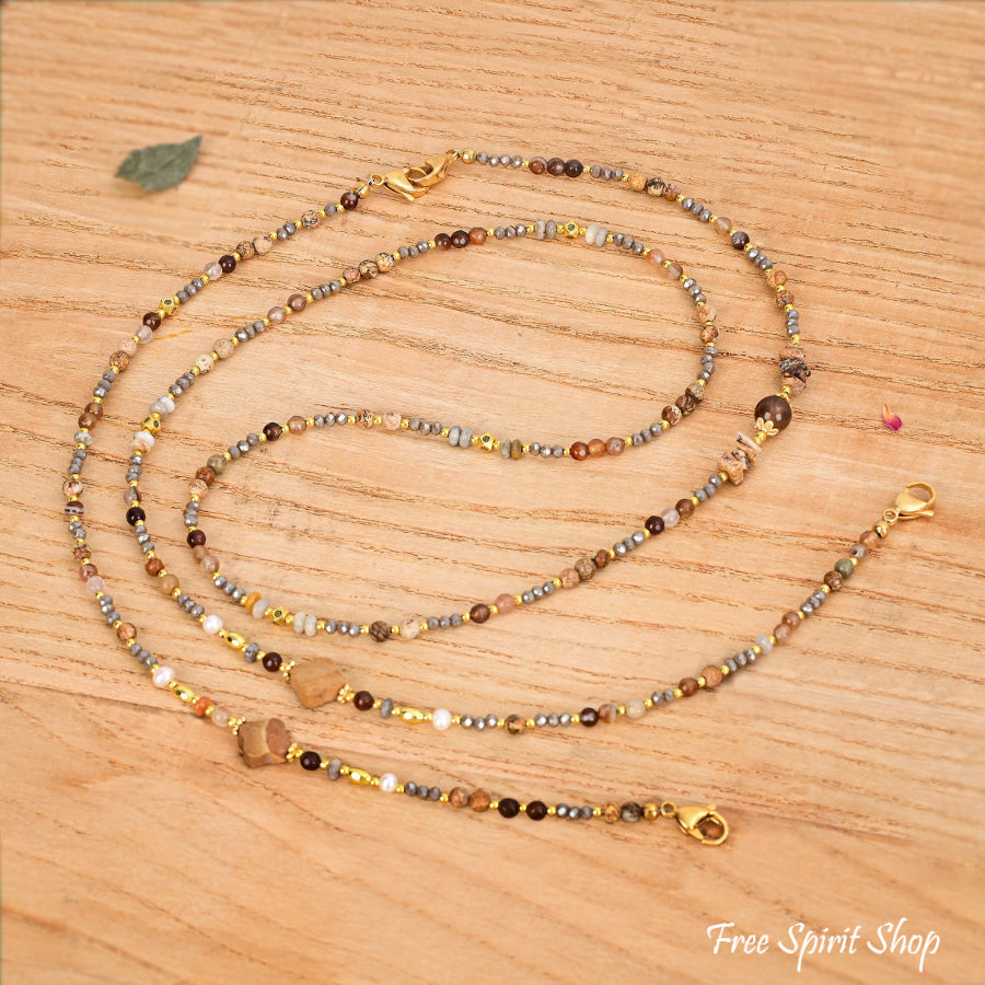 4-in-1 Natural Picture Jasper Clover Beaded Chain – Necklace, Choker, Bracelet & Phone Accessory