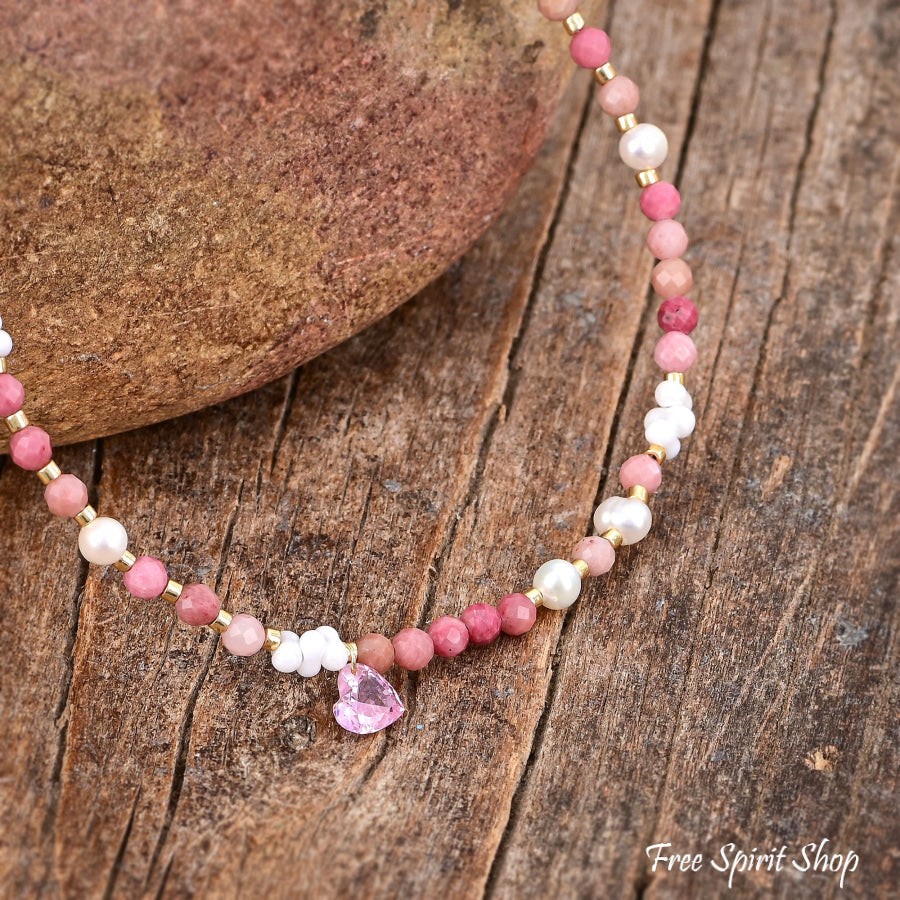 Natural Rhodonite & Pearl Beaded Anklet With Heart Crystal