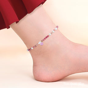 Natural Rhodonite & Pearl Beaded Anklet With Heart Crystal