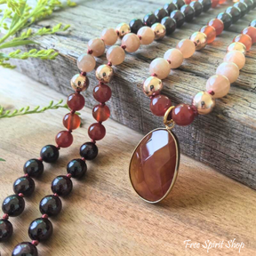 108 Natural Carnelian Garnet & Sunstone Mala Bead Necklace Jewelry > Gemstone Bead Necklace > 108 Mala Bead Necklace