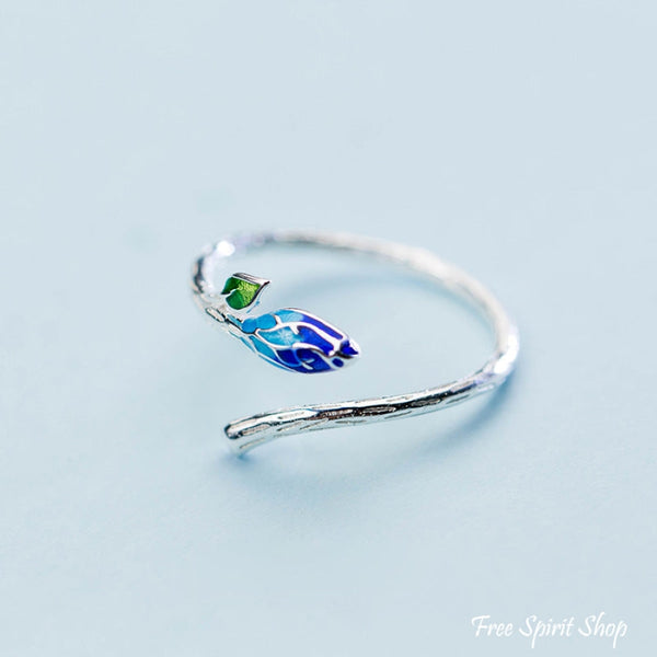 925 Sterling Silver Leaf & Blue Flower Ring