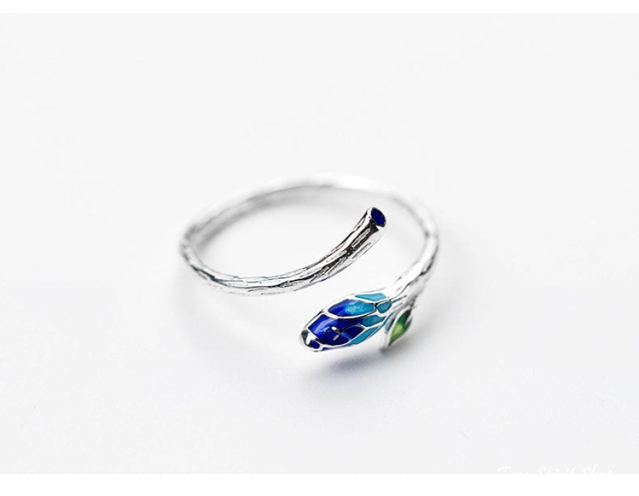 925 Sterling Silver Leaf & Blue Flower Ring - Free Spirit Shop