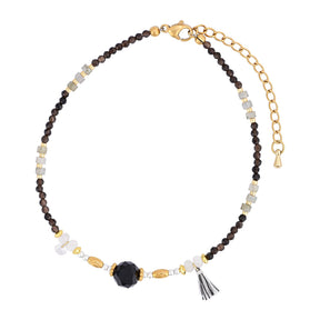 Natural Smoky Quartz & Black Onyx Beaded Anklet