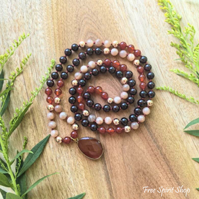 108 Natural Carnelian Garnet & Sunstone Mala Bead Necklace Jewelry > Gemstone Bead Necklace > 108 Mala Bead Necklace