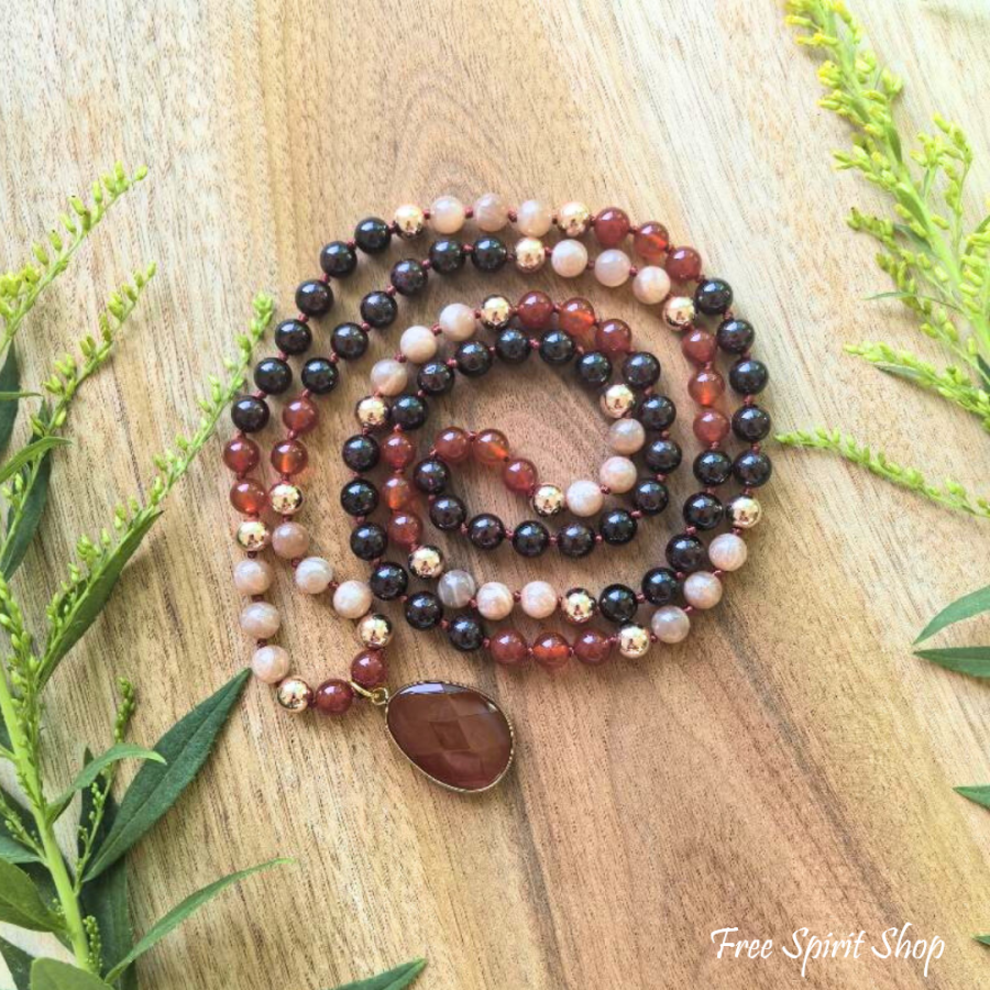 108 Natural Carnelian Garnet & Sunstone Mala Bead Necklace Jewelry > Gemstone Bead Necklace > 108 Mala Bead Necklace