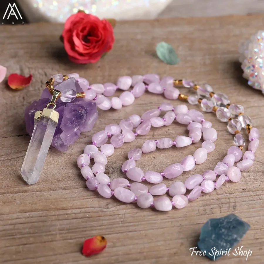 Natural Phantom Quartz & Clear Quartz Necklace - Jewelry > Gemstone Bead Necklace