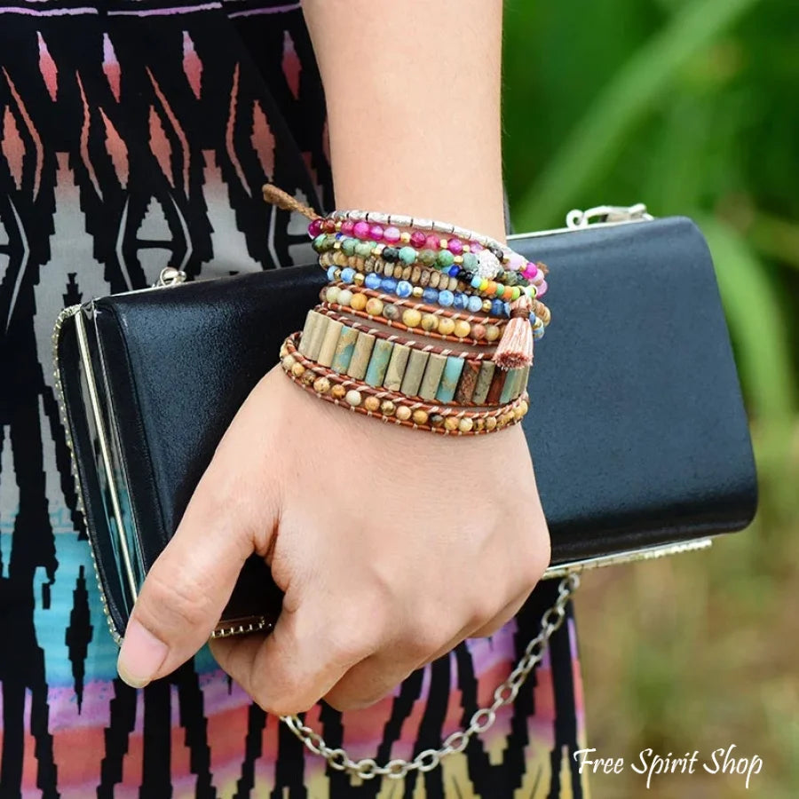 Handmade Natural Stone Leather Wrap Bohemian Sunflower Charm Bracelet