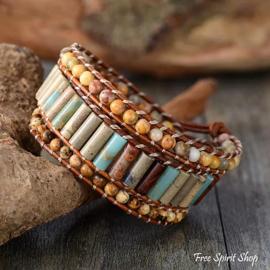 Handmade Natural Stone Leather Wrap Bohemian Sunflower Charm Bracelet