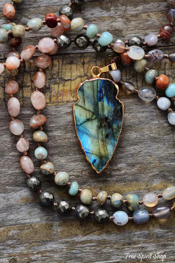 Handmade Natural Strawberry Quartz & Pyrite Necklace with Labradorite Pendant