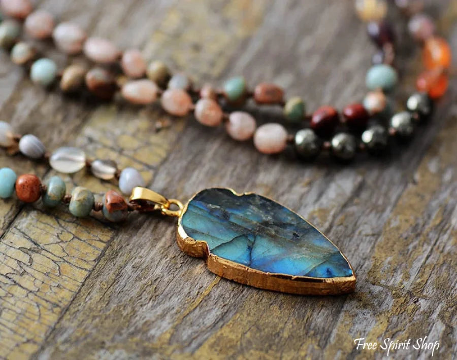 Handmade Natural Strawberry Quartz & Pyrite Necklace with Labradorite Pendant