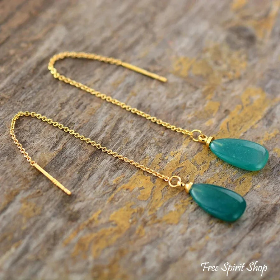 Natural Green Onyx Long Drop Earrings