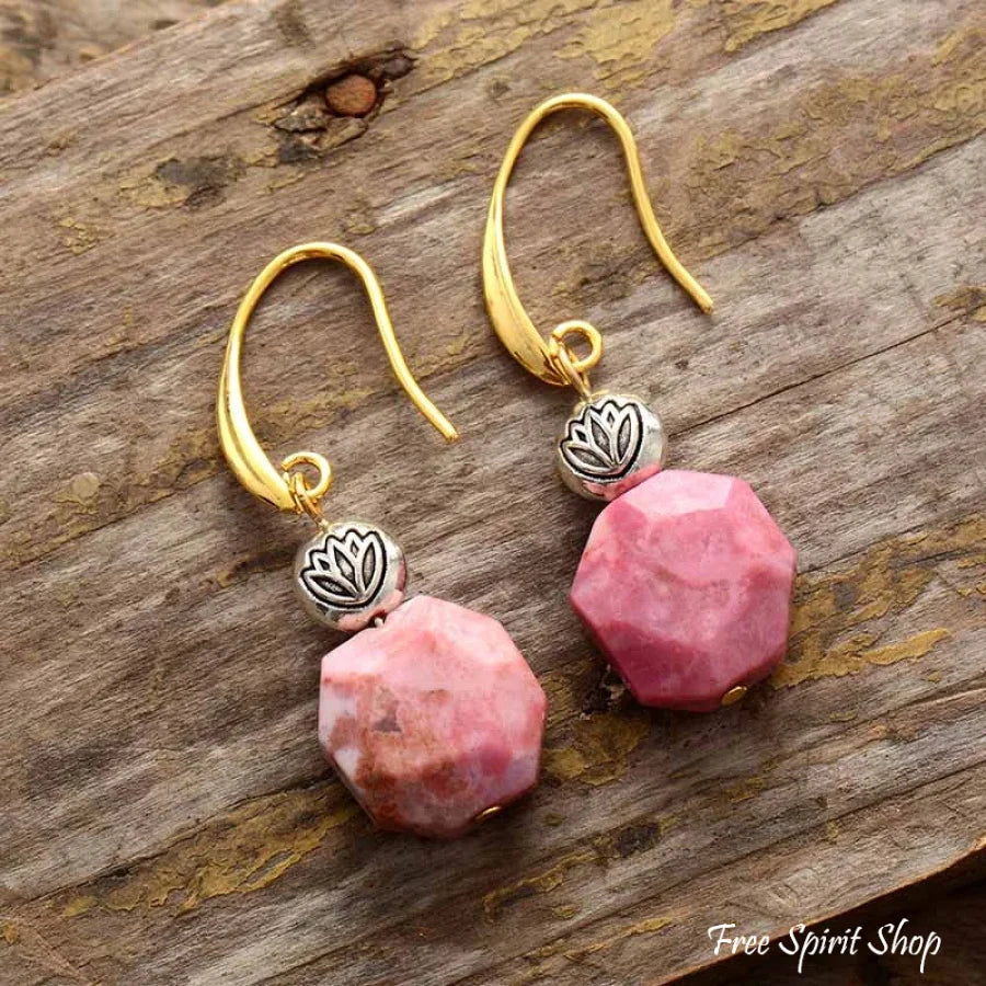 Natural Rhodonite Stone & Lotus Flower Earrings