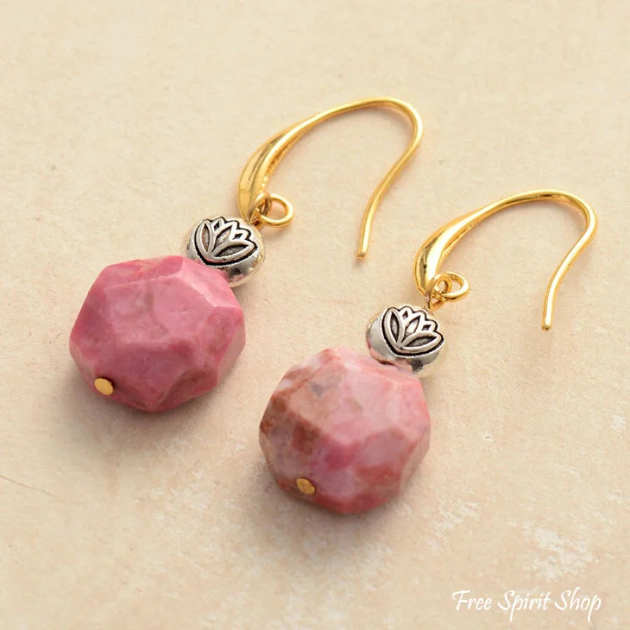 Natural Rhodonite Stone & Lotus Flower Earrings