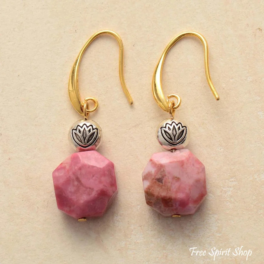 Natural Rhodonite Stone & Lotus Flower Earrings