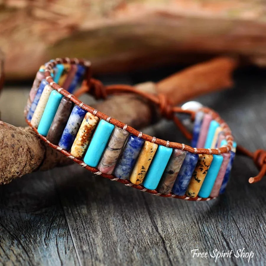 Natural Turquoise Jasper & Sodalite Tube Leather Wrap Bracelet