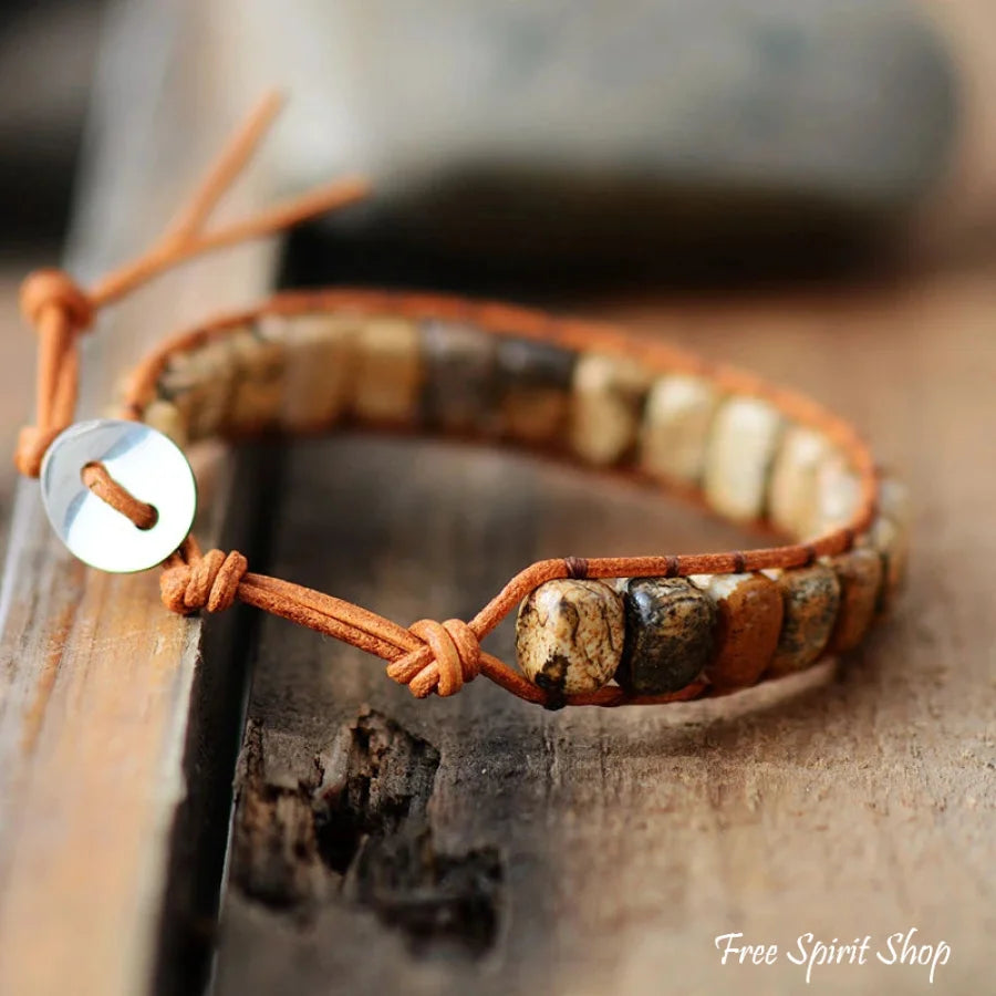 Handmade Natural Semi-precious Jasper Bead Leather Bracelet