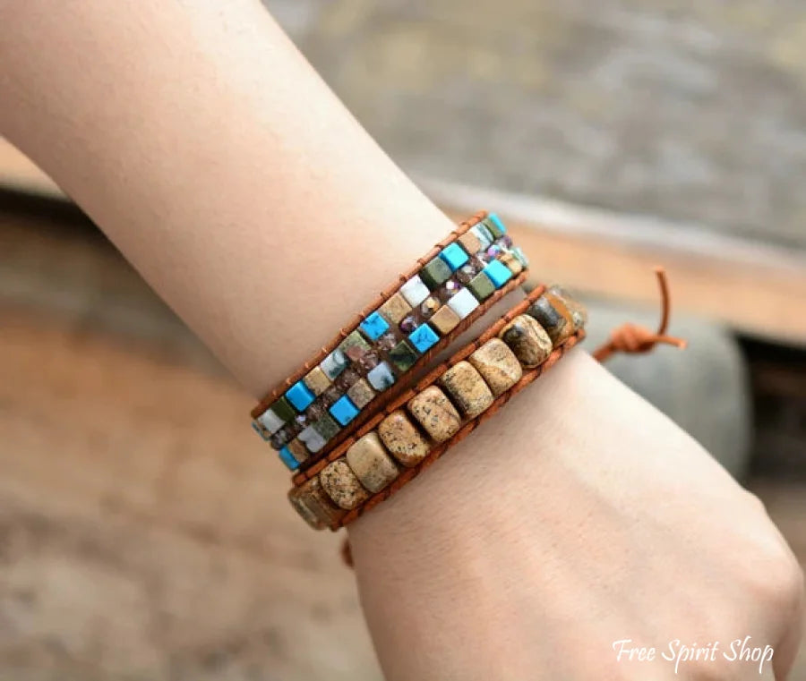 Handmade Natural Semi-precious Jasper Bead Leather Bracelet