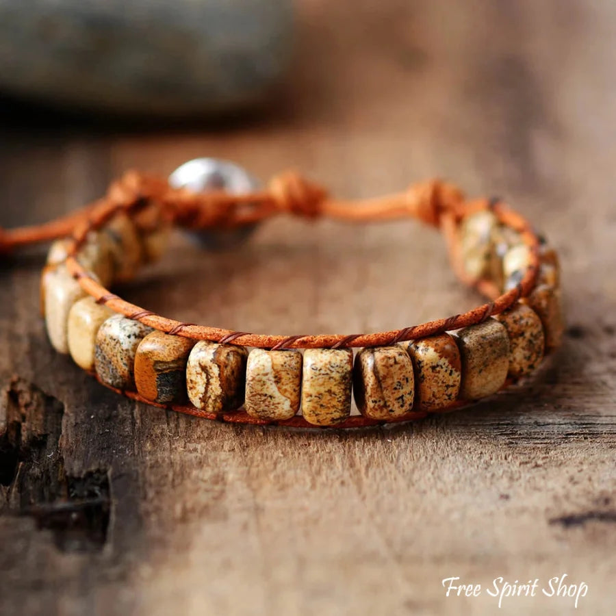 Handmade Natural Semi-precious Jasper Bead Leather Bracelet