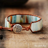Handmade Natural Semi-Precious Amazonite Stone & Leather Tree Of Life Bracelet