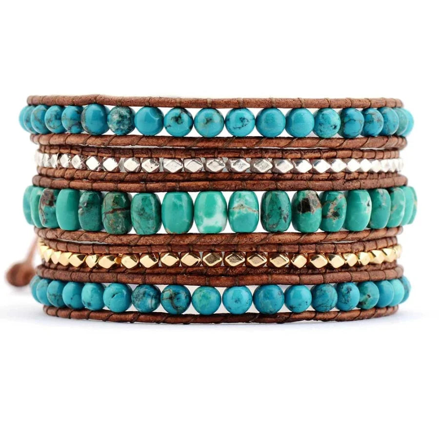 Handmade Natural Turquoise 5 Layer Leather Wrap Bracelet