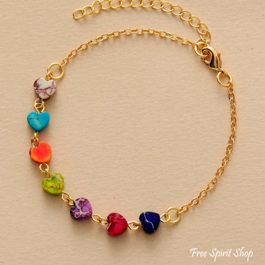 7 Chakra Jasper Hearts Gold Chain Bracelet