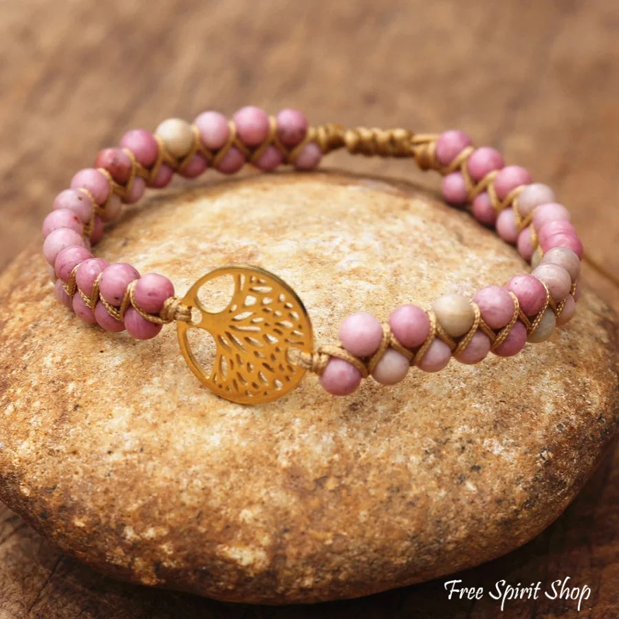 Natural Pink Rhodonite & Tree of Life Bead Bracelet