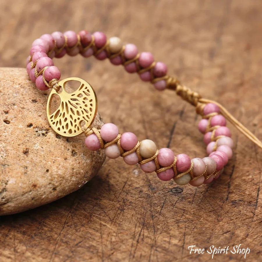 Natural Pink Rhodonite & Tree of Life Bead Bracelet
