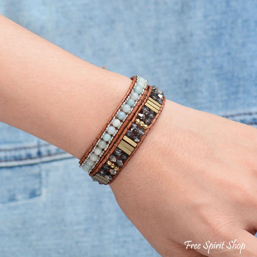 Handmade Natural Amazonite & Crystal Bead Wrap Bracelet
