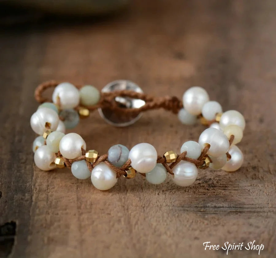 Natural Freshwater Pearl & Amazonite Wrap Bracelet