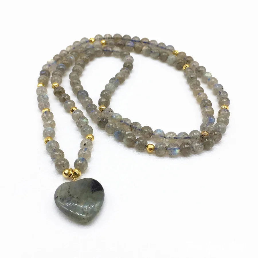 Labradorite With Heart-Shaped Labradorite Stone Mala Bead Bracelet