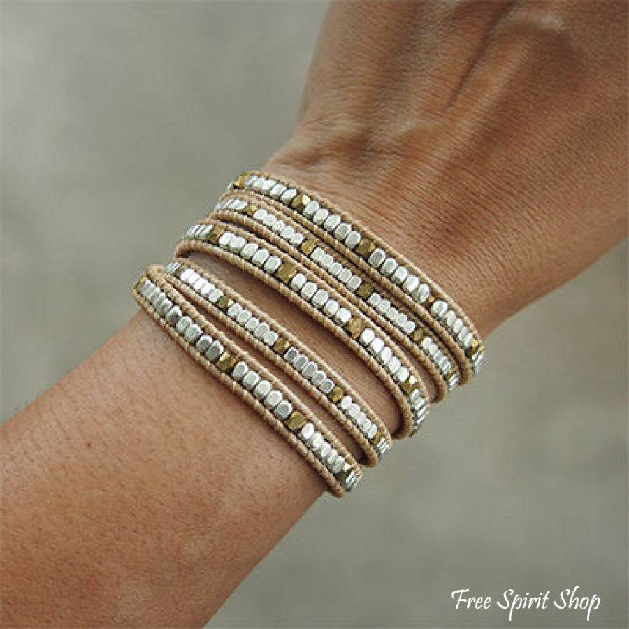 Handmade Silver & Golden Brass Bead Wrap Bracelet