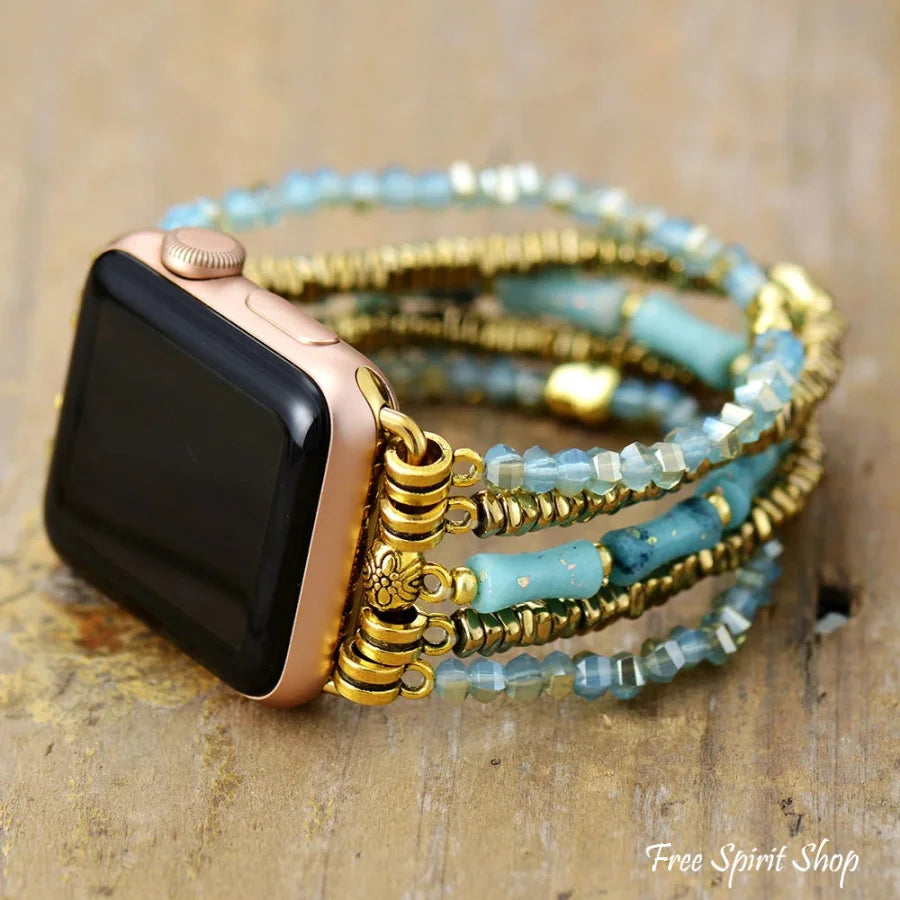 Ocean Blue & Gold Seed Bead Stretchable Apple Watch Band