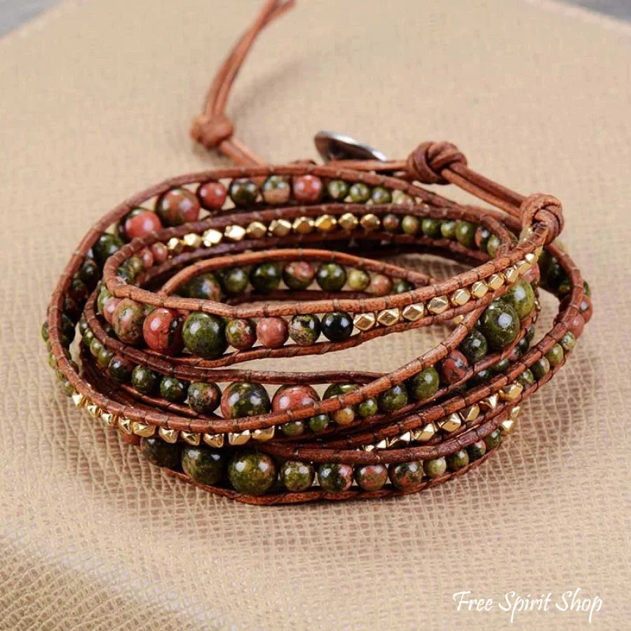 Handmade Natural Unakite Gemstone 5 Layer Leather Wrap Bracelet