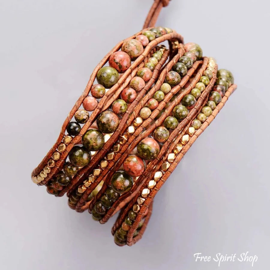 Handmade Natural Unakite Gemstone 5 Layer Leather Wrap Bracelet