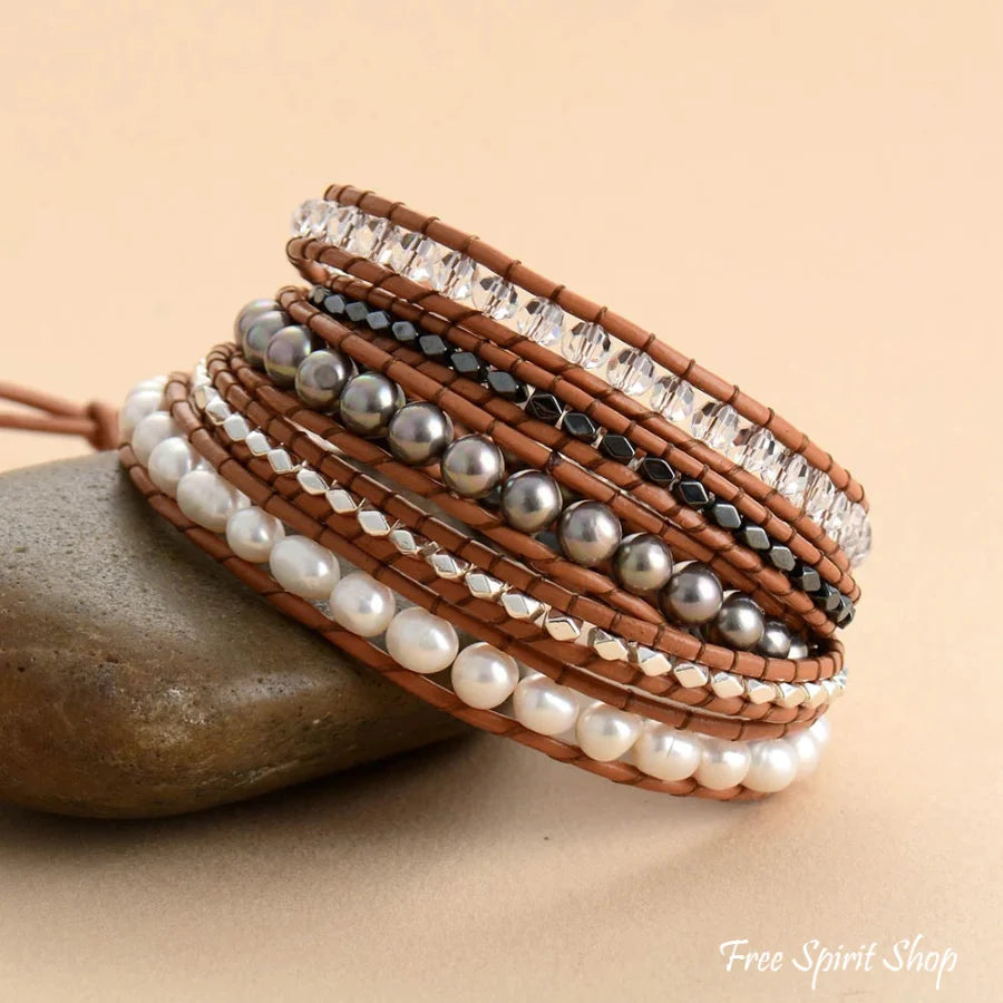 Natural Freshwater Pearl & Hematite Gemstone Leather Wrap Bracelet