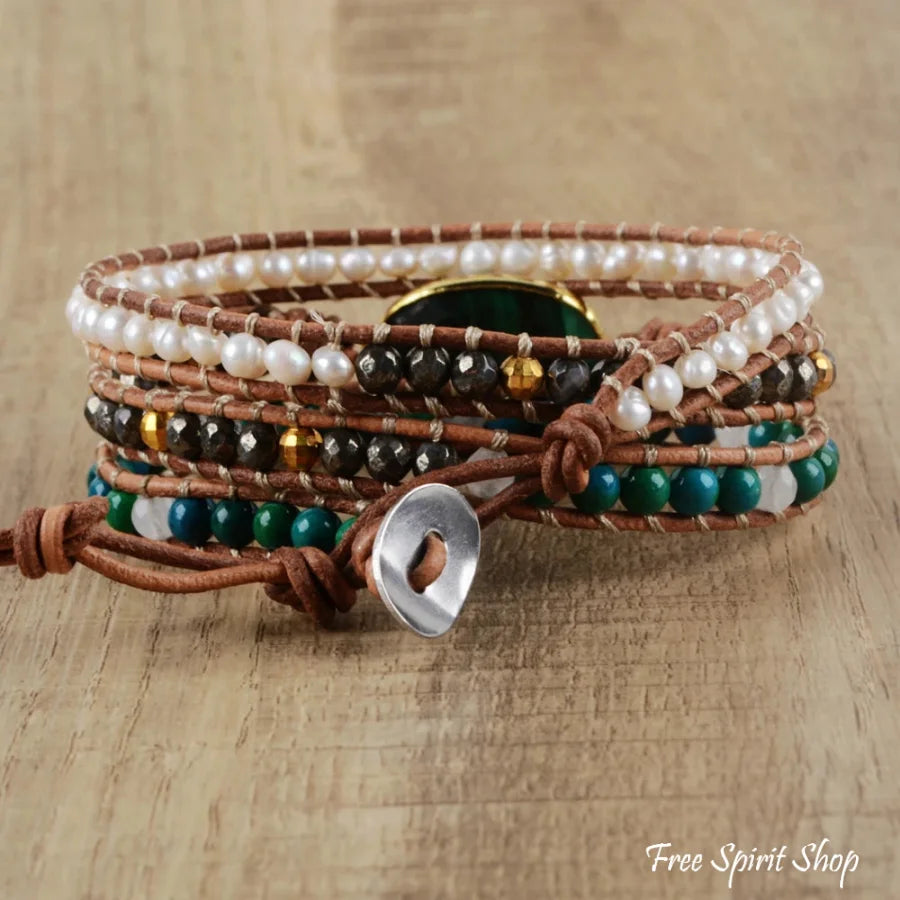 Handmade Malachite Chrysocolla & Pearl Wrap Bracelet