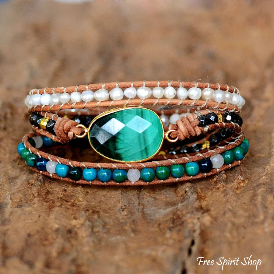 Handmade Malachite Chrysocolla & Pearl Wrap Bracelet