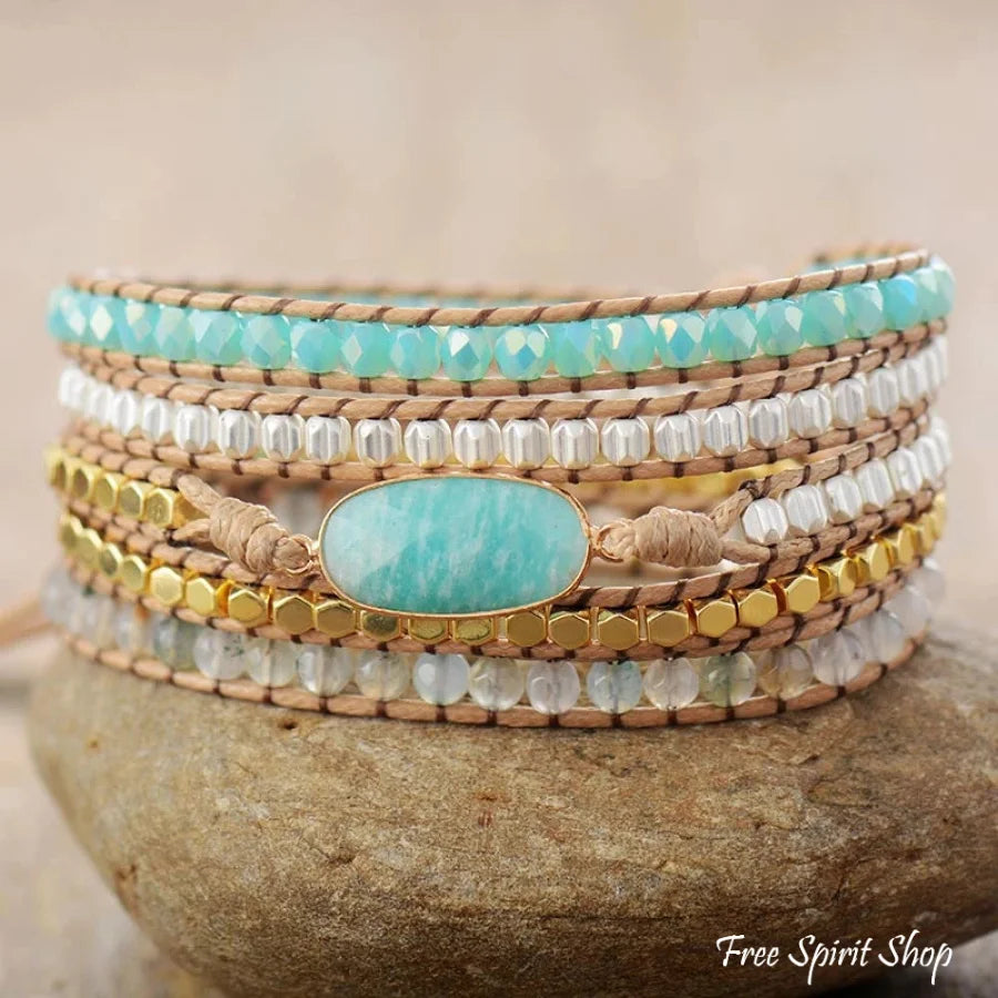 Natural Amazonite & Quartz Bead Wrap Bracelet