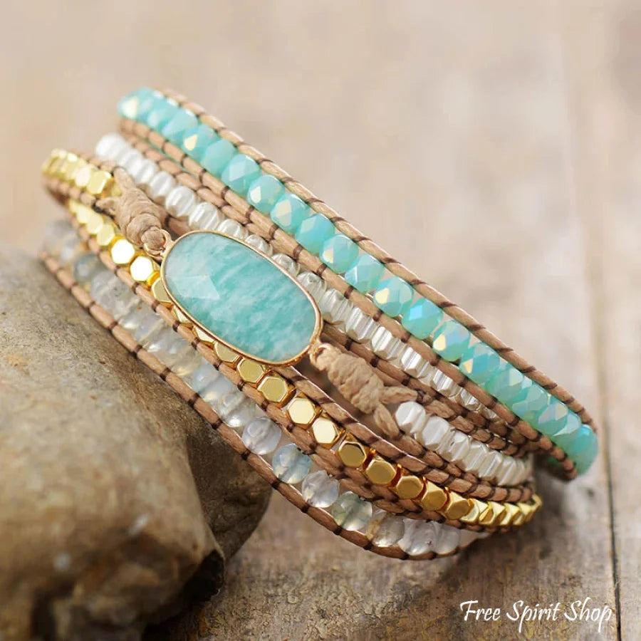 Natural Amazonite & Quartz Bead Wrap Bracelet