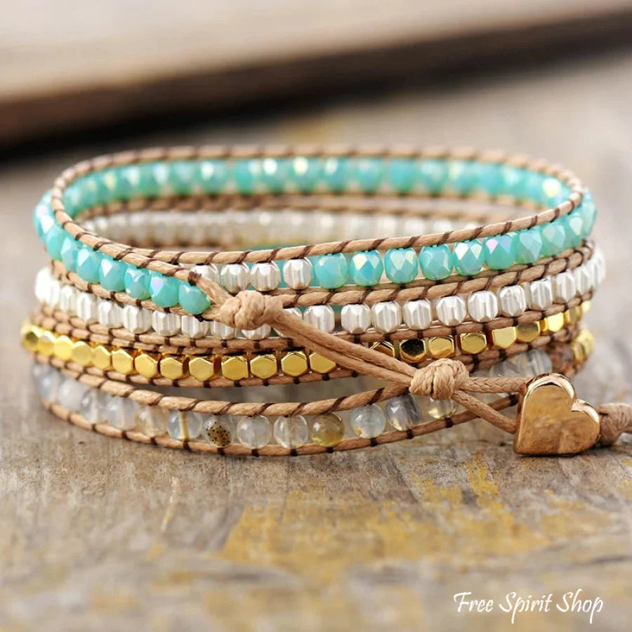 Natural Amazonite & Quartz Bead Wrap Bracelet