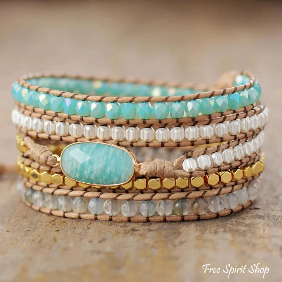 Natural Amazonite & Quartz Bead Wrap Bracelet