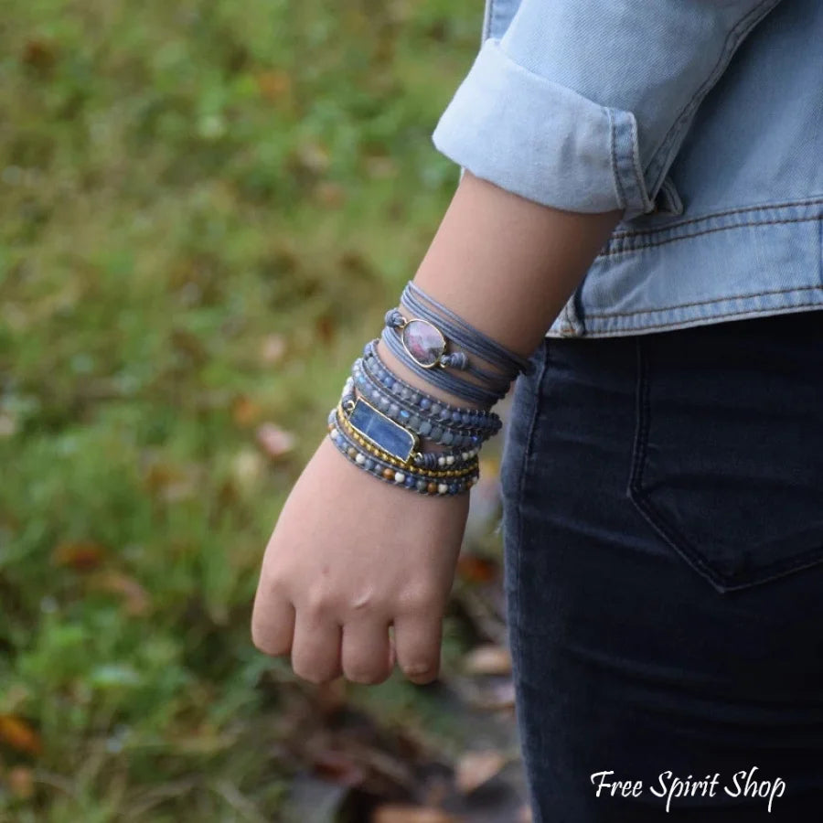 Handmade Natural Blue Topaz Sodalite & Howlite Gemstone Leather Wrap Bracelet