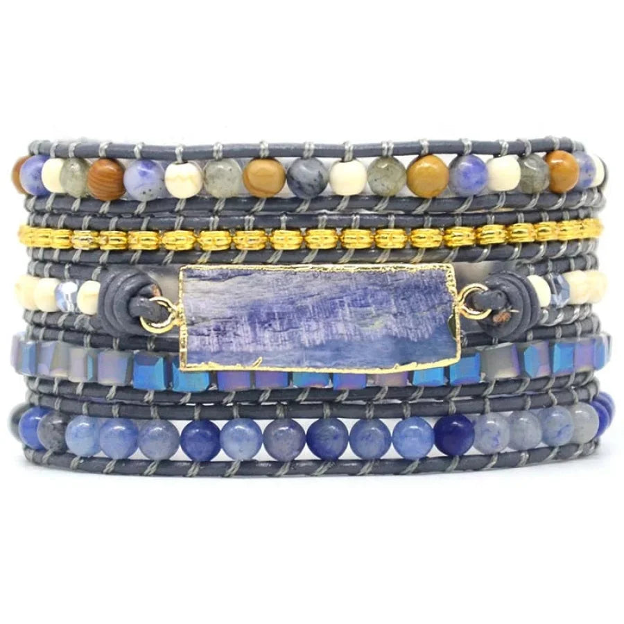 Handmade Natural Blue Topaz Sodalite & Howlite Gemstone Leather Wrap Bracelet