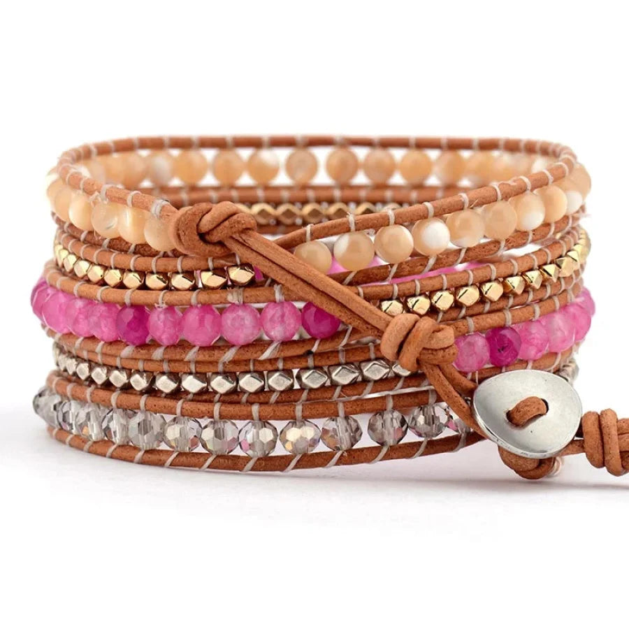 Natural Sunstone & Pink Bead Wrap Bracelet