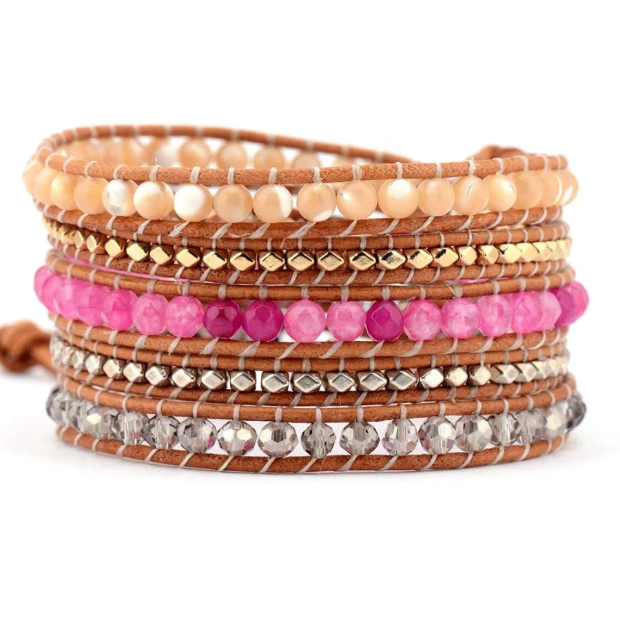 Natural Sunstone & Pink Bead Wrap Bracelet