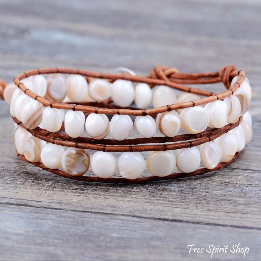 Natural Shape Shell Beads Leather Two Layer Bracelet