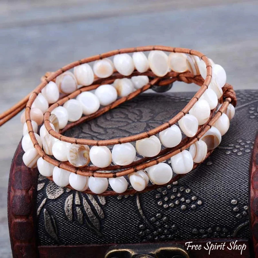 Natural Shape Shell Beads Leather Two Layer Bracelet