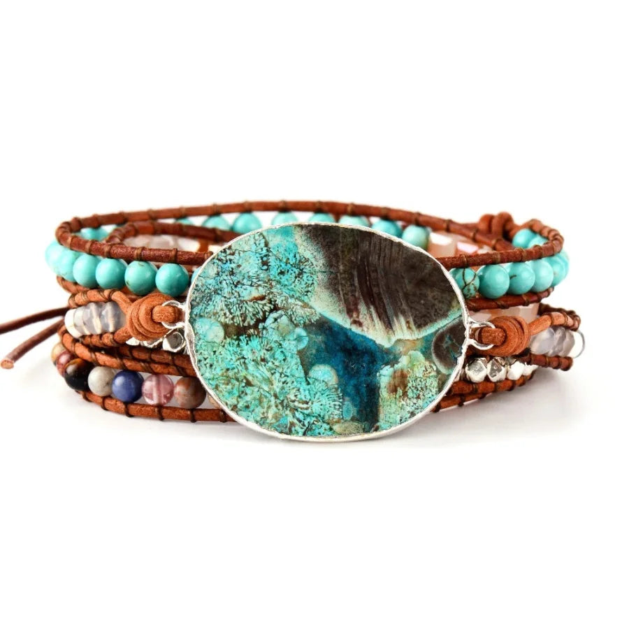 Handmade Natural Ocean Jasper Leather Wrap Bracelet