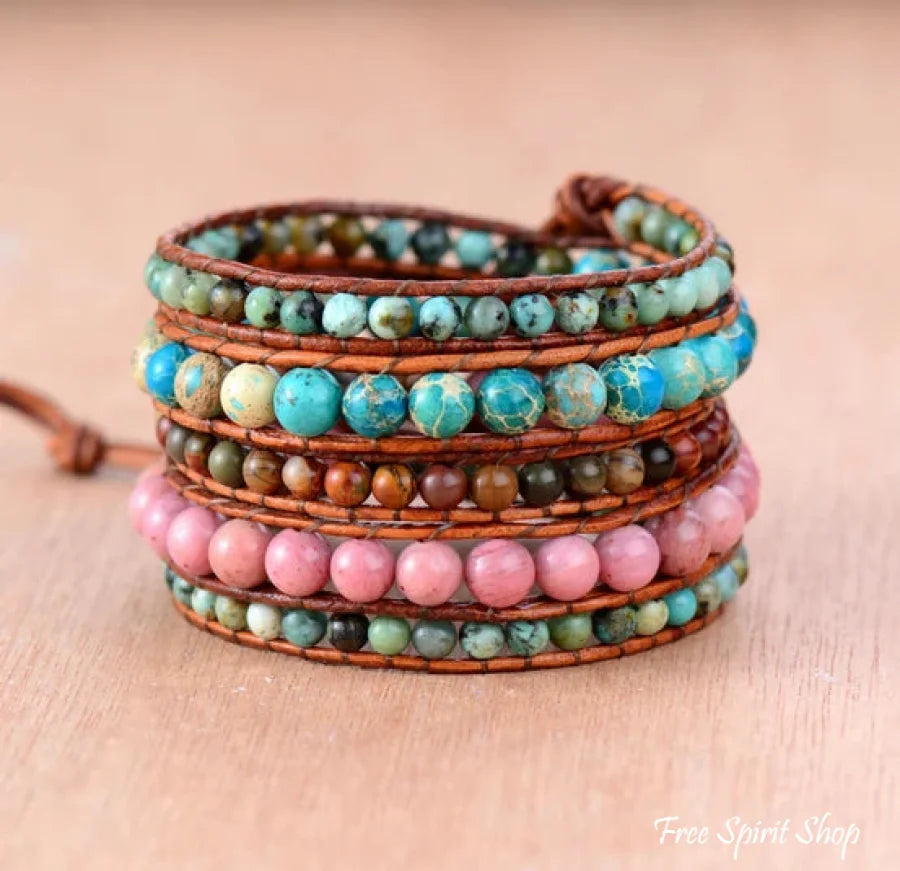 Natural African Turquoise Rhodonite & Jasper Leather Wrap Bracelet